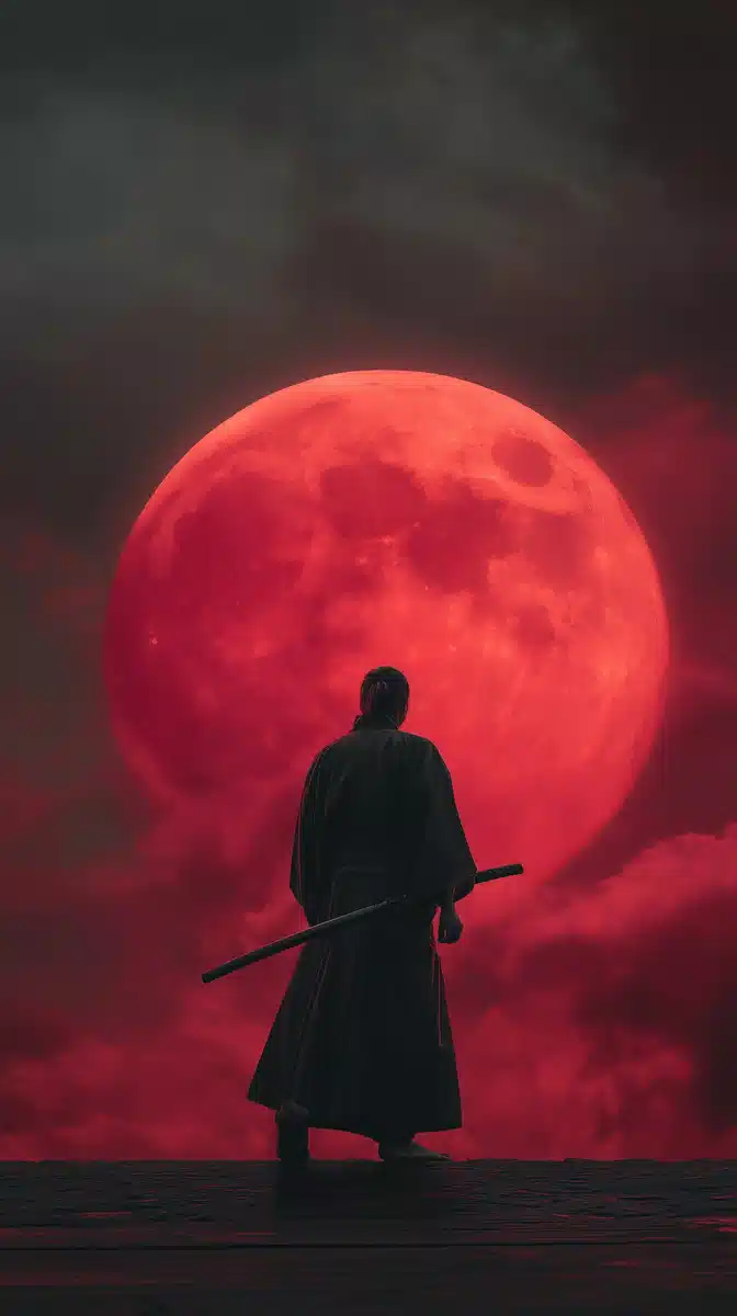 Samurai Under Red Moon Midjourney提示词