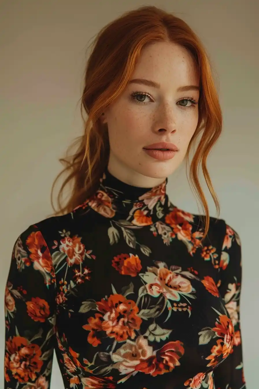 Red-Haired Model in Floral Dress Midjourney提示词