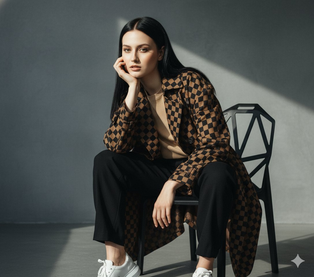Fashion Portrait: Woman in Checkered Coat, Studio Lighting Nano Banana提示词