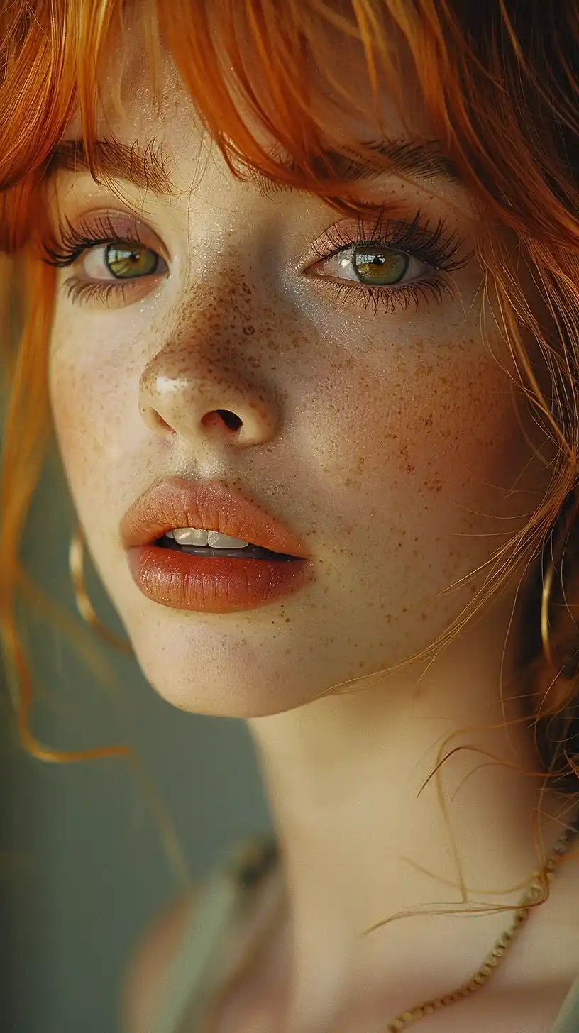 Vibrant Red-Haired Woman Cinematic Portrait Midjourney提示词