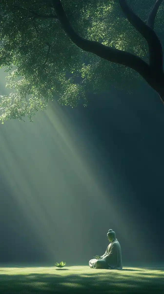 Glowing Buddha Under Bodhi Tree Midjourney提示词