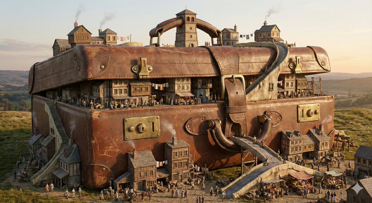 Giant Suitcase City: Whimsical Miniature Fantasy Art Nano Banana提示词