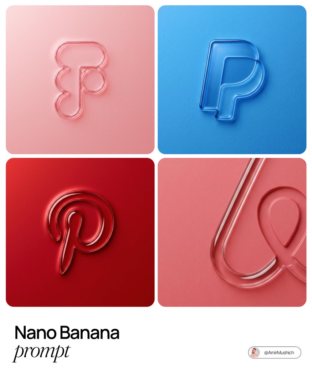 3D Glass Logos: Modern Brand Icon Design & Rendering Nano Banana提示词