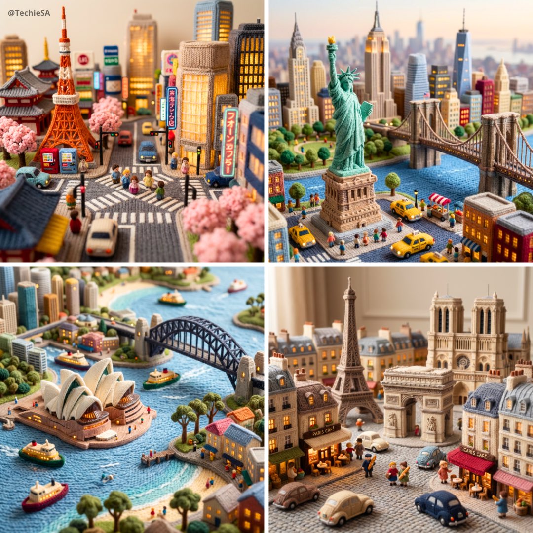 Knitted Miniature Cityscapes: Global Landmarks Art Nano Banana提示词