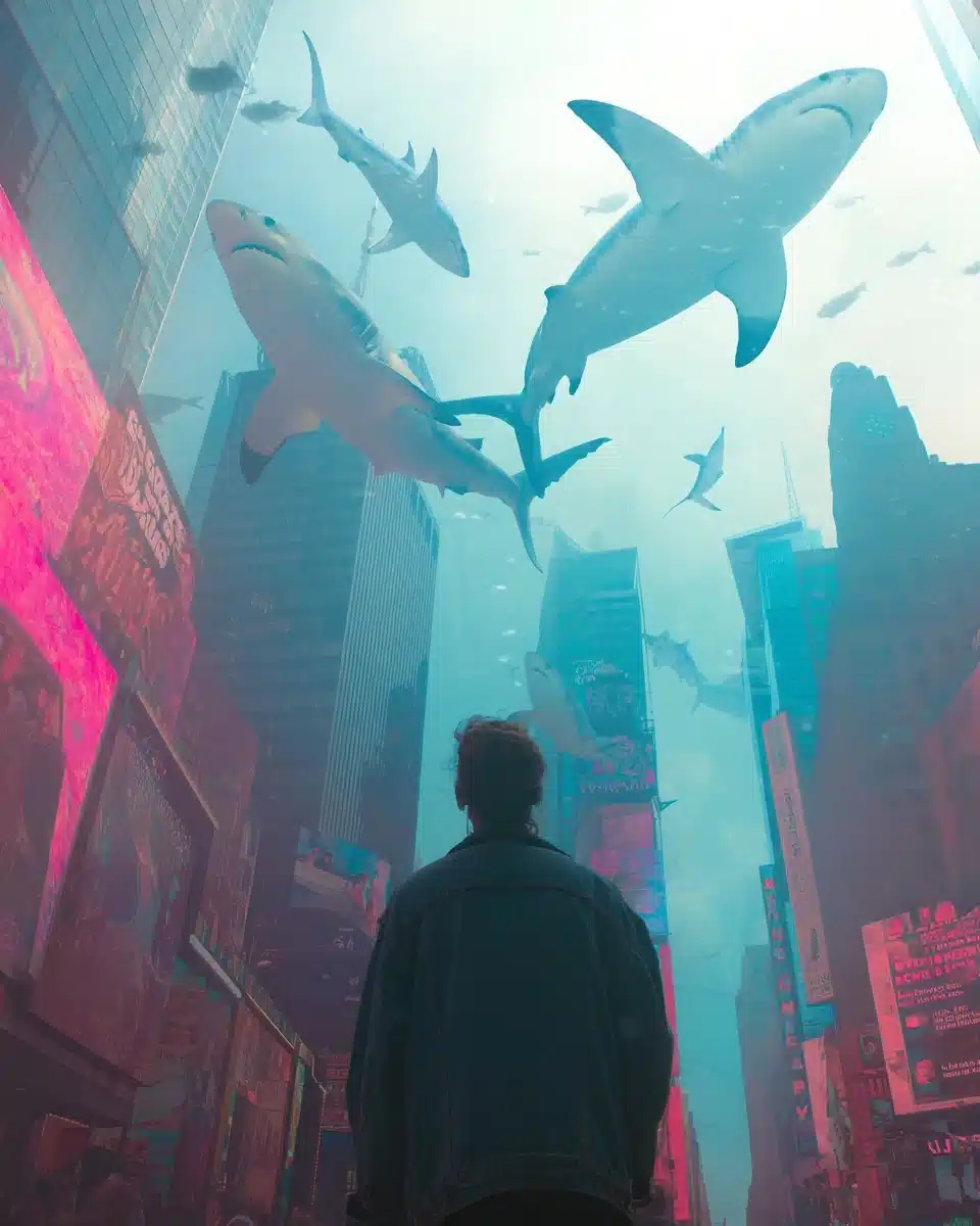 Hyper-Realistic Sharks in Times Square Midjourney提示词