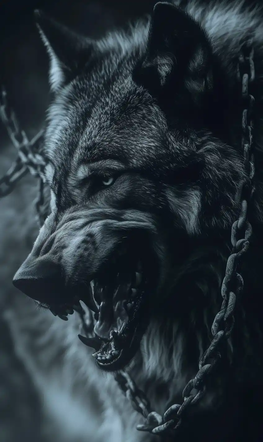 Fenrir in Chains Monochrome Realism Midjourney提示词