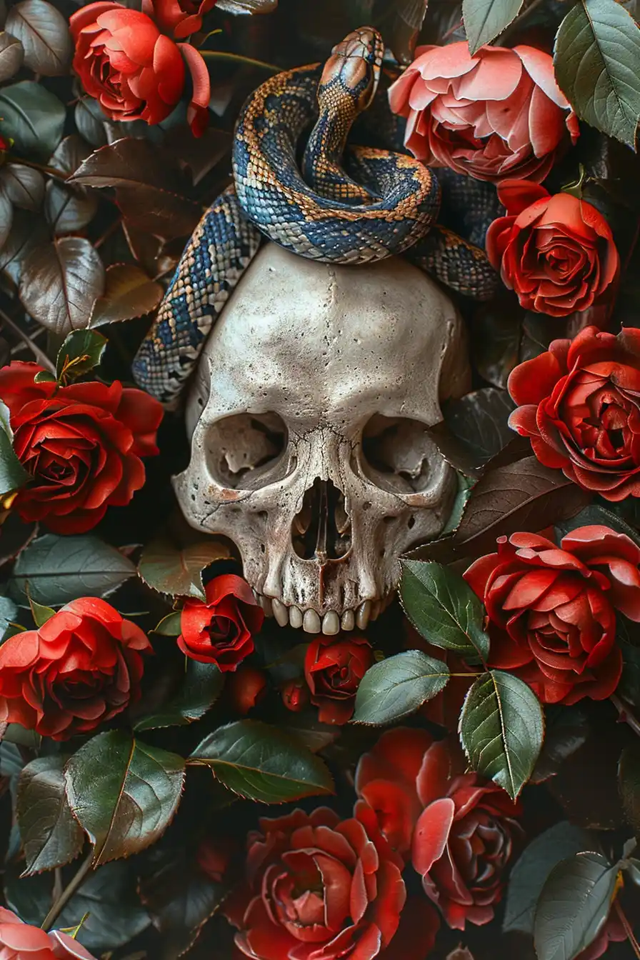 Realistic Skull with Snake Midjourney提示词