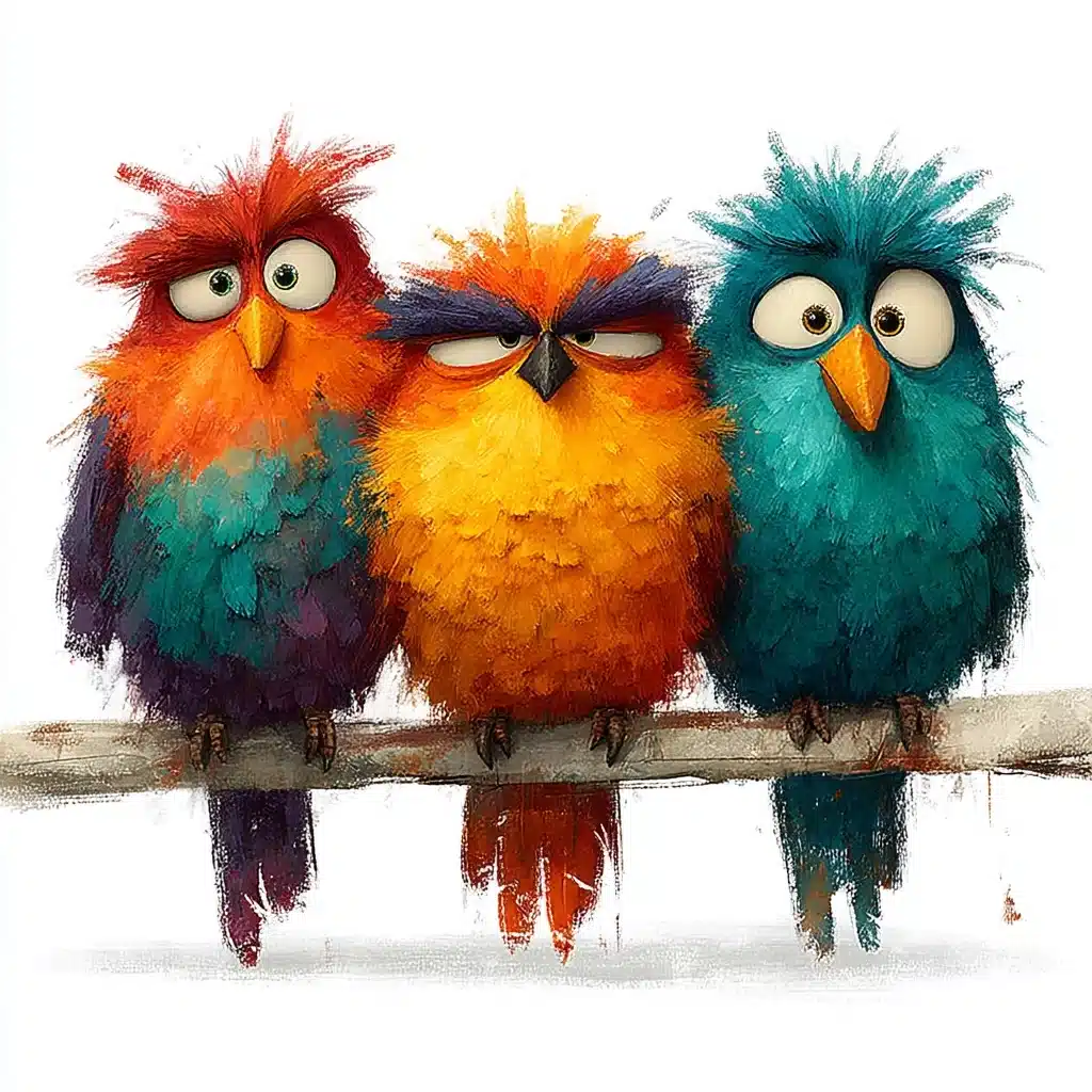 Colorful Cartoon Birds Branch Midjourney提示词