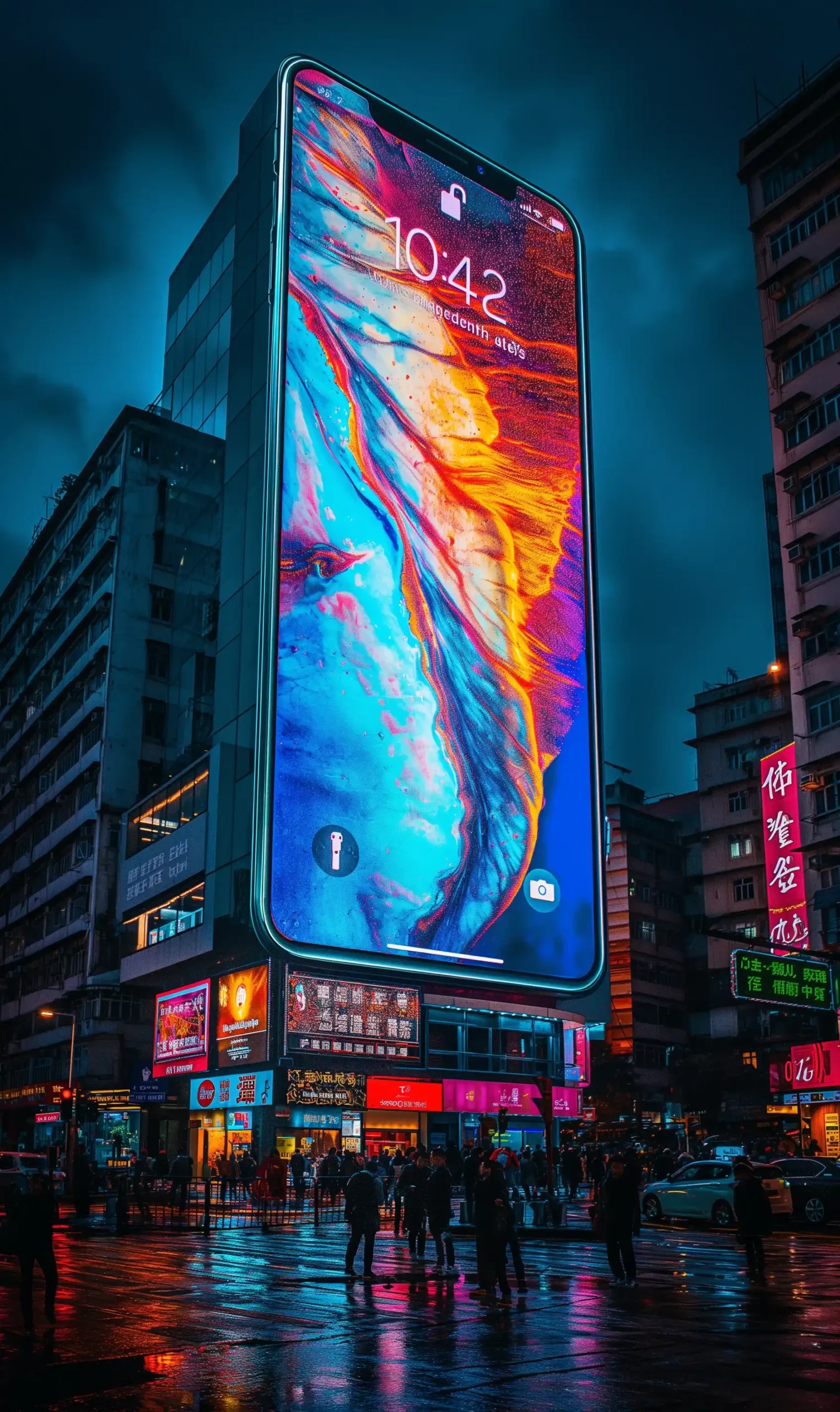 Giant Smartphone Cityscape Advertisement Midjourney提示词