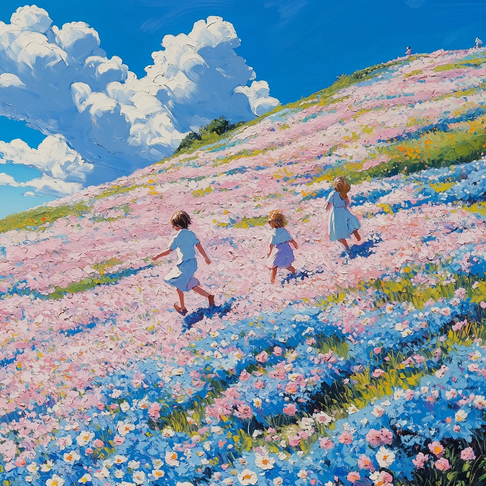 Children Running on Floral Ground Midjourney提示词
