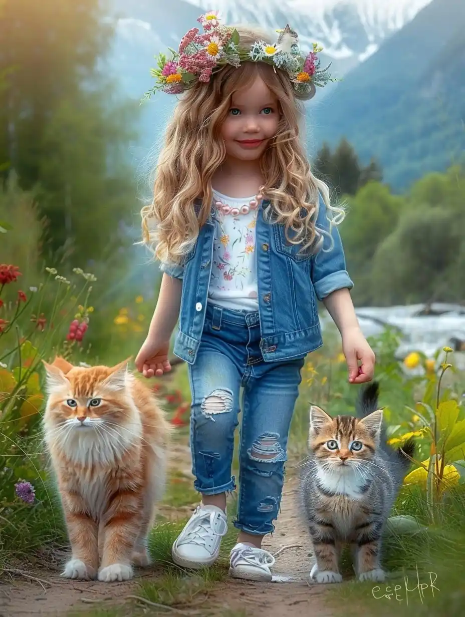 Curly Girl with Cat Midjourney提示词