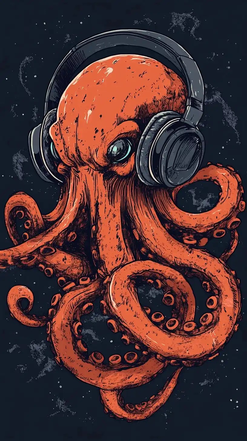 Kraken with Headphones Illustration Midjourney提示词