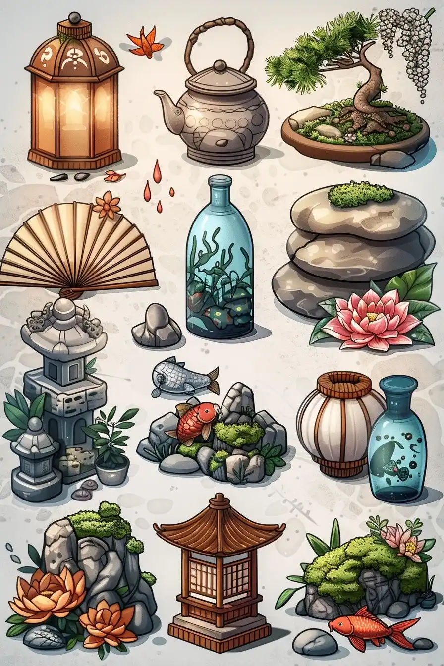 Vector Icon Set Japanese Garden Midjourney提示词