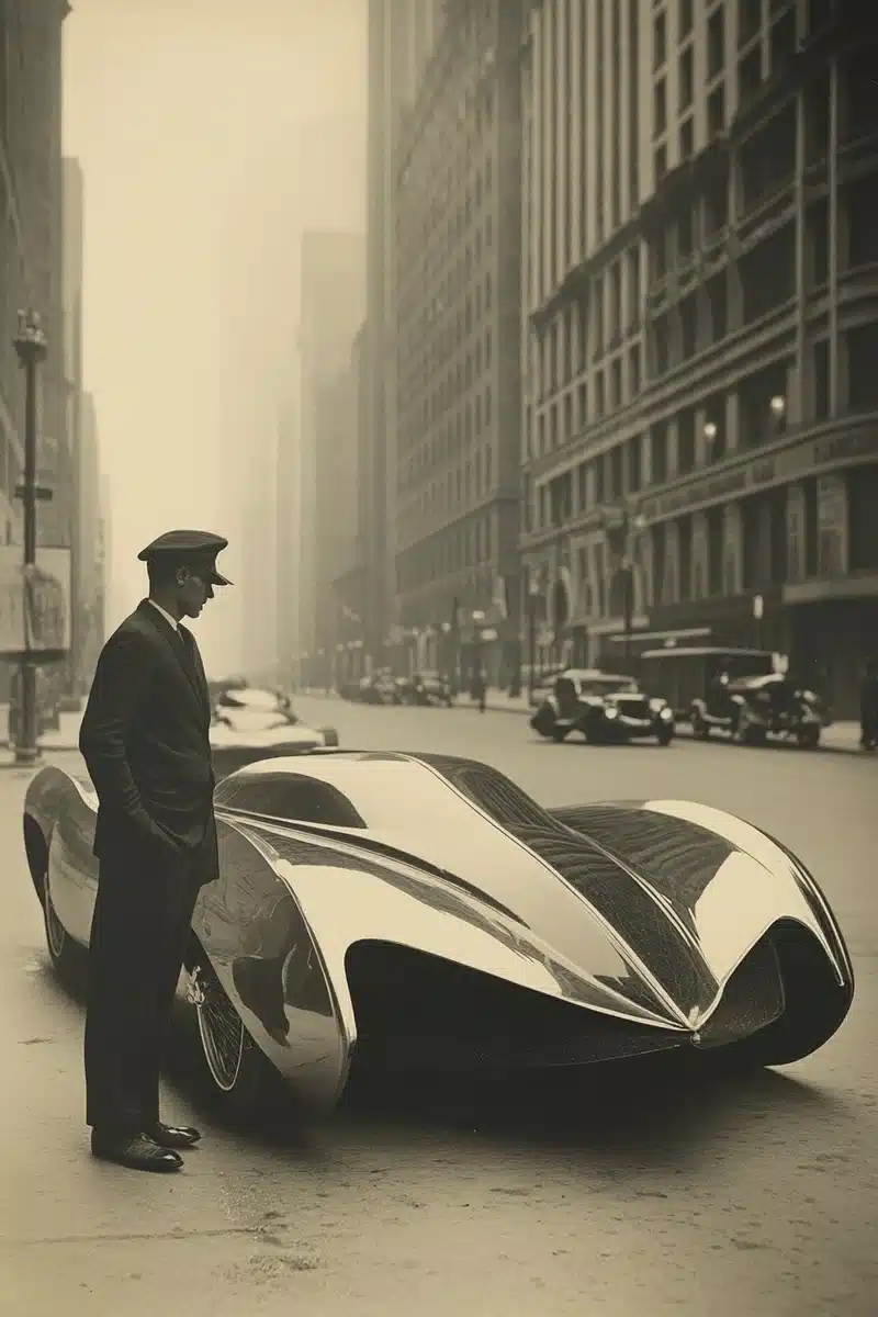 Vintage American Man with Futuristic Car Midjourney提示词