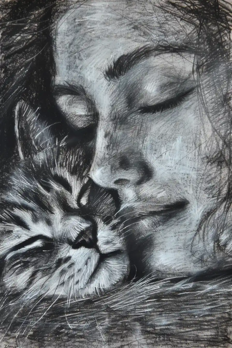 Raw Woman with Cat Midjourney提示词