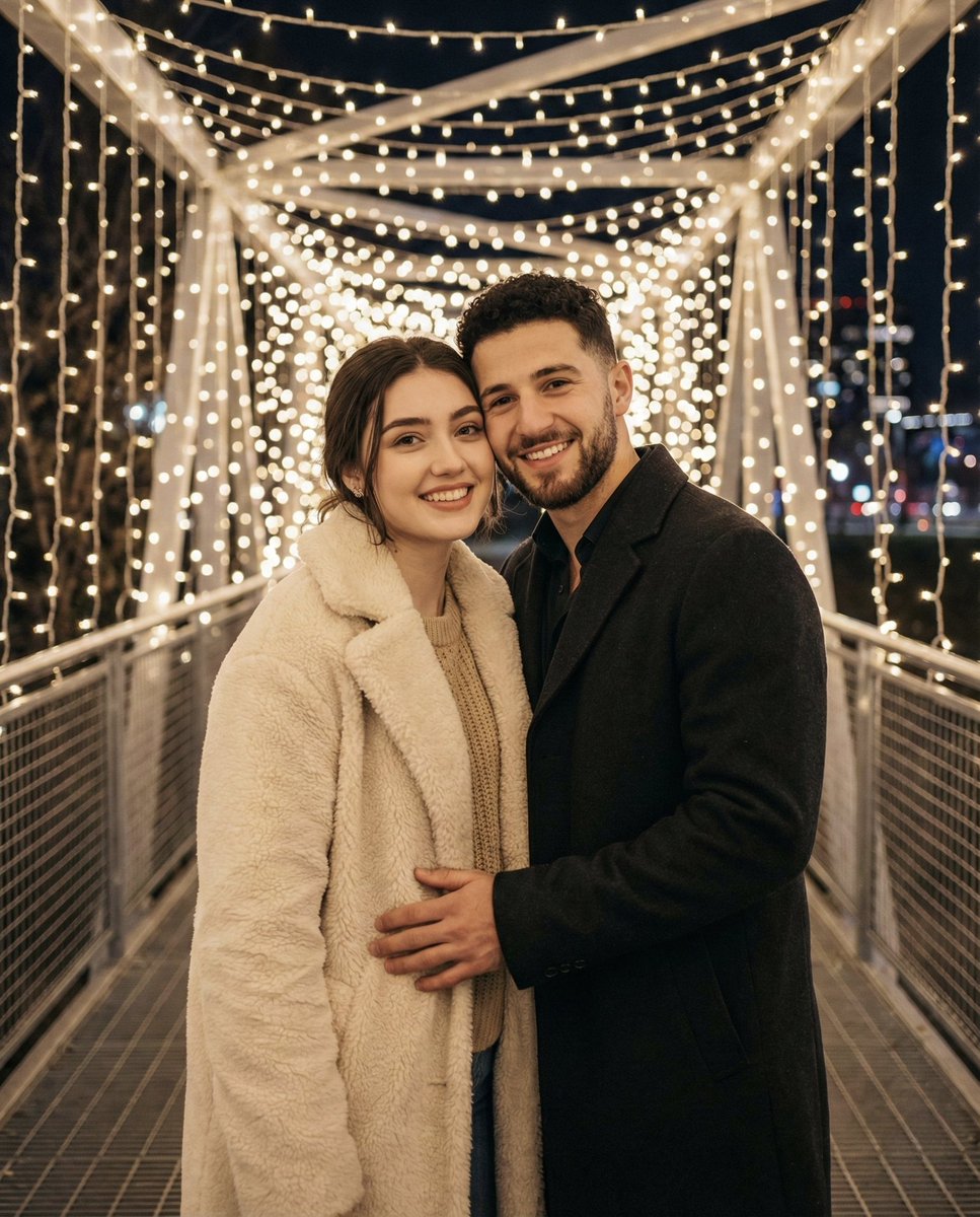 Romantic Couple Portrait with String Lights at Night Nano Banana提示词