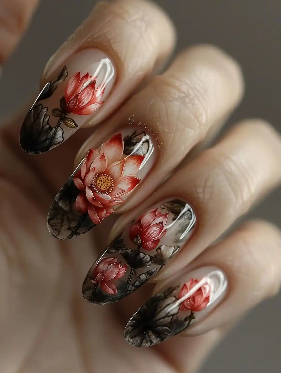 Photorealistic Lotus Nail Art Midjourney提示词