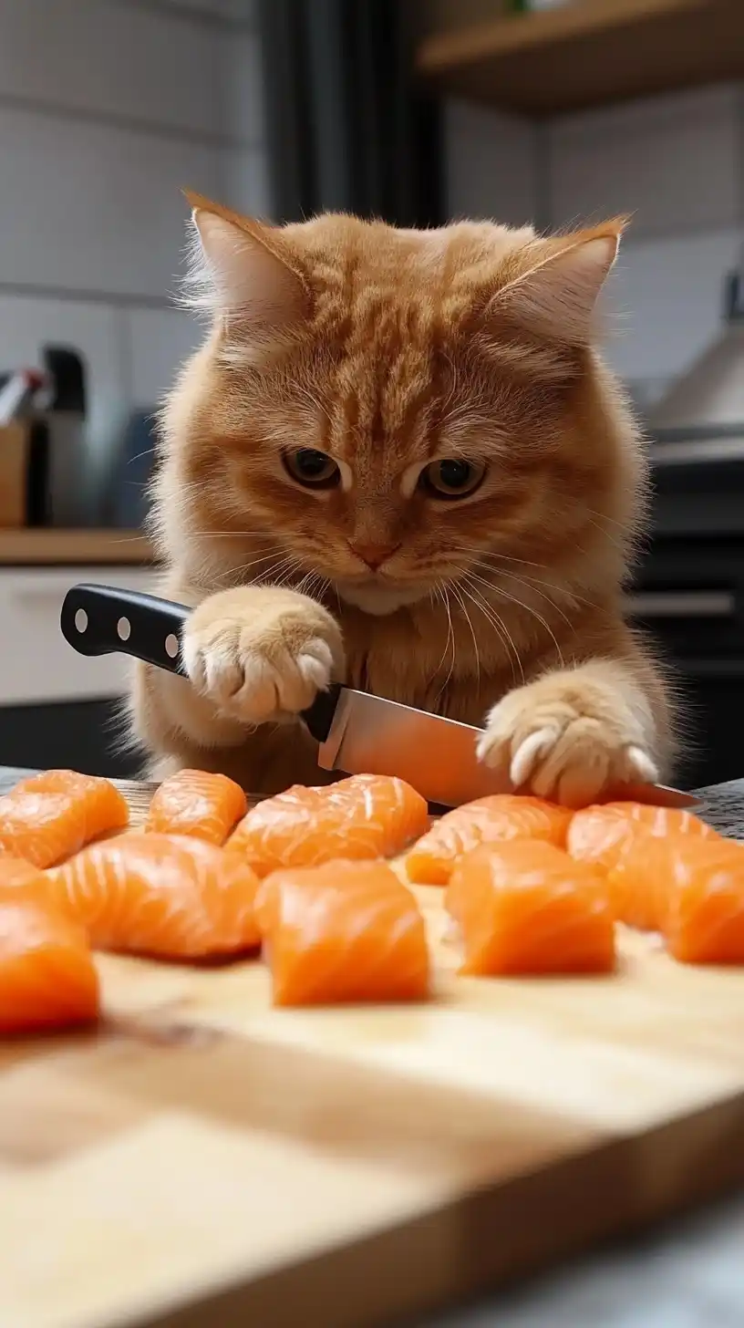 Cat with Knife Cutting Fish Midjourney提示词