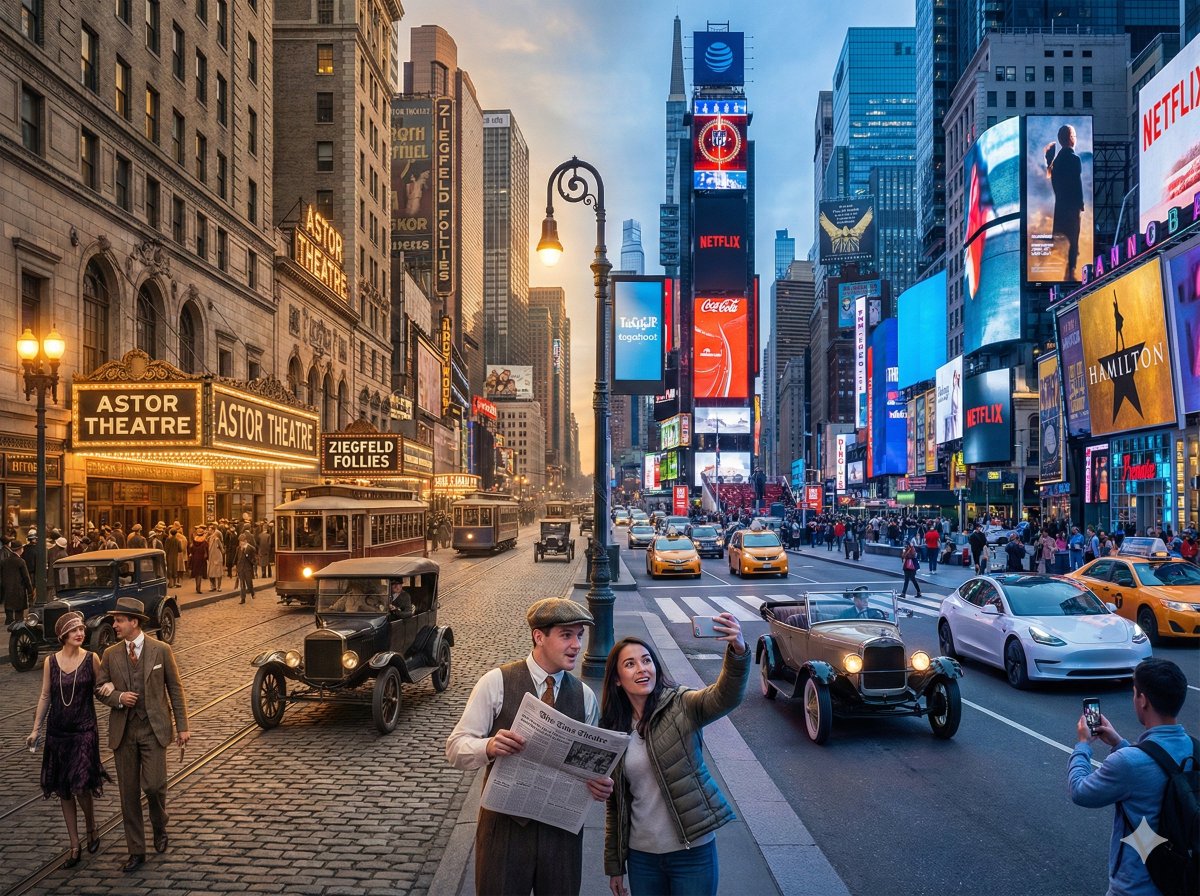 New York City Time Blend: Vintage 20s & Modern Times Square Nano Banana提示词