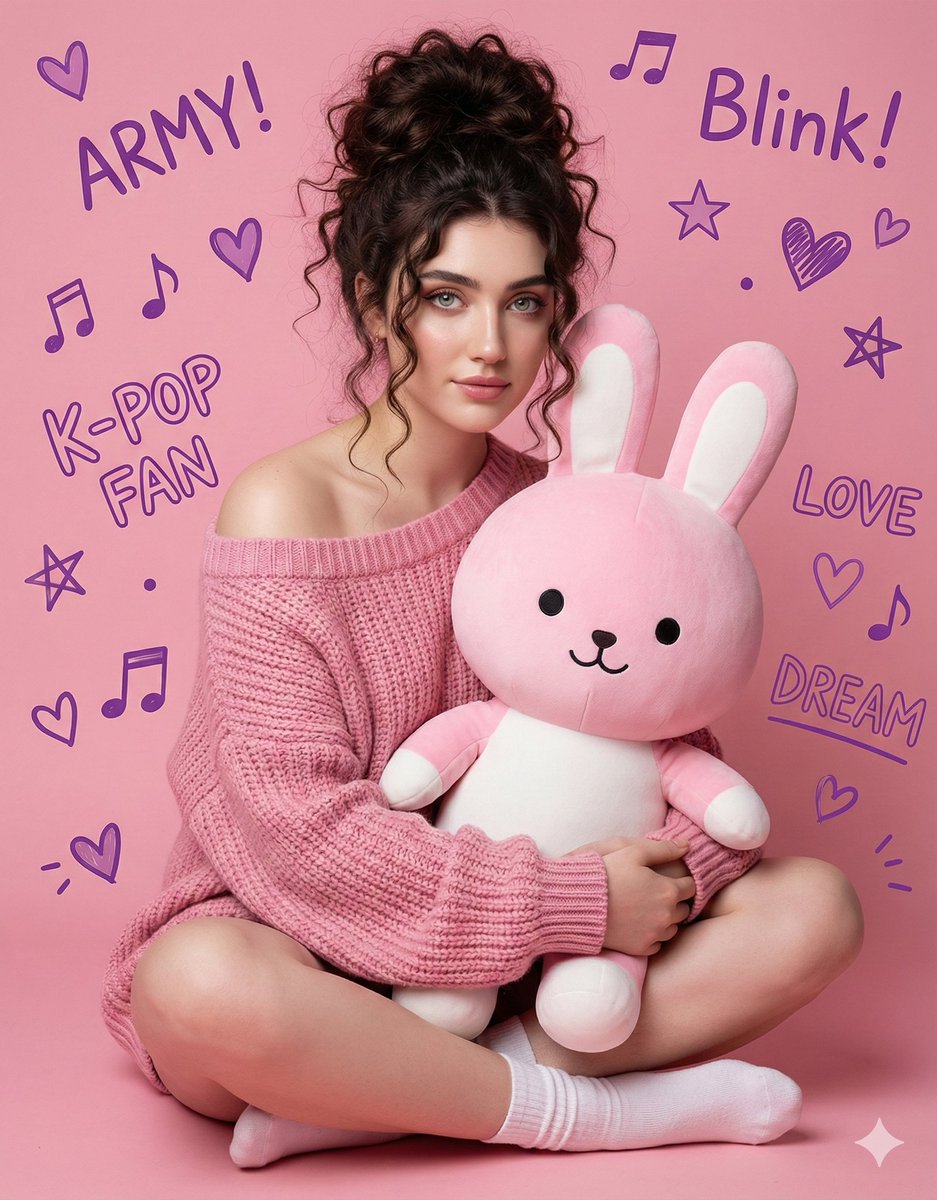 Young K-Pop Fan Portrait with Pink Bunny Plush Toy Nano Banana提示词