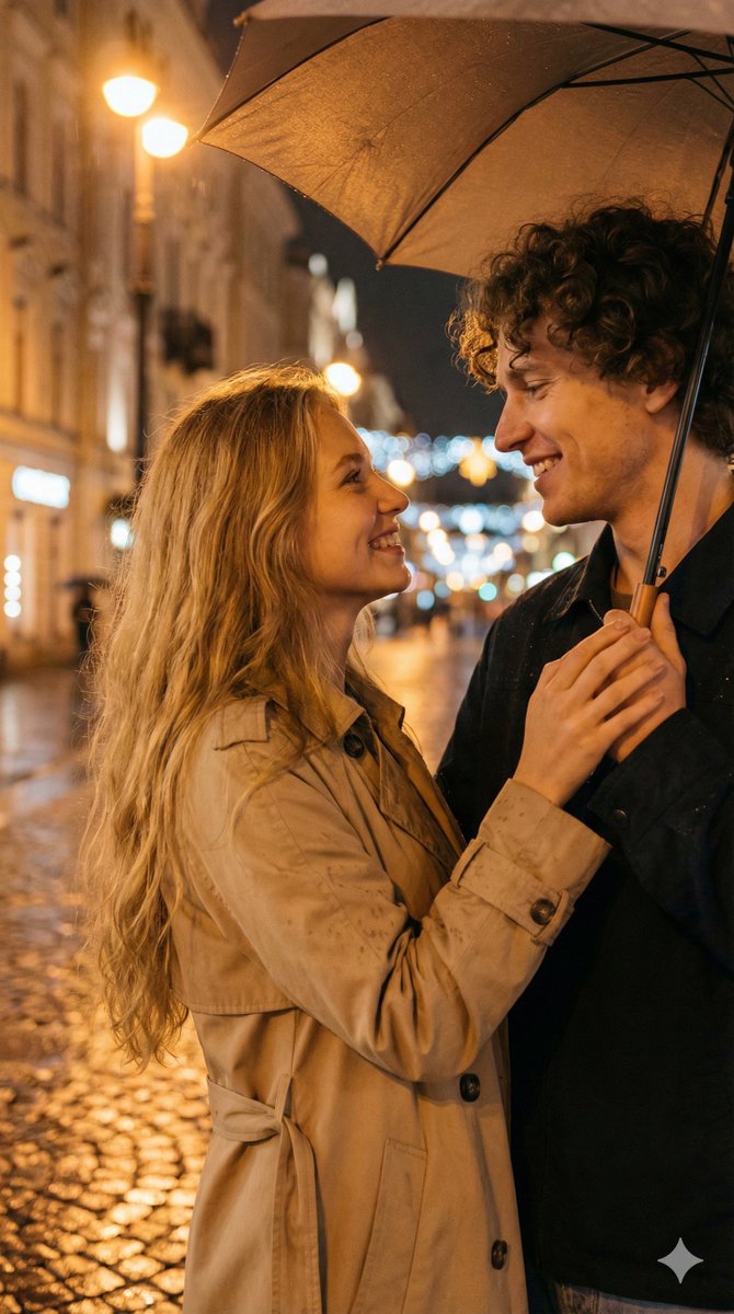 Romantic Couple Under Umbrella on Rainy Night Street Nano Banana提示词