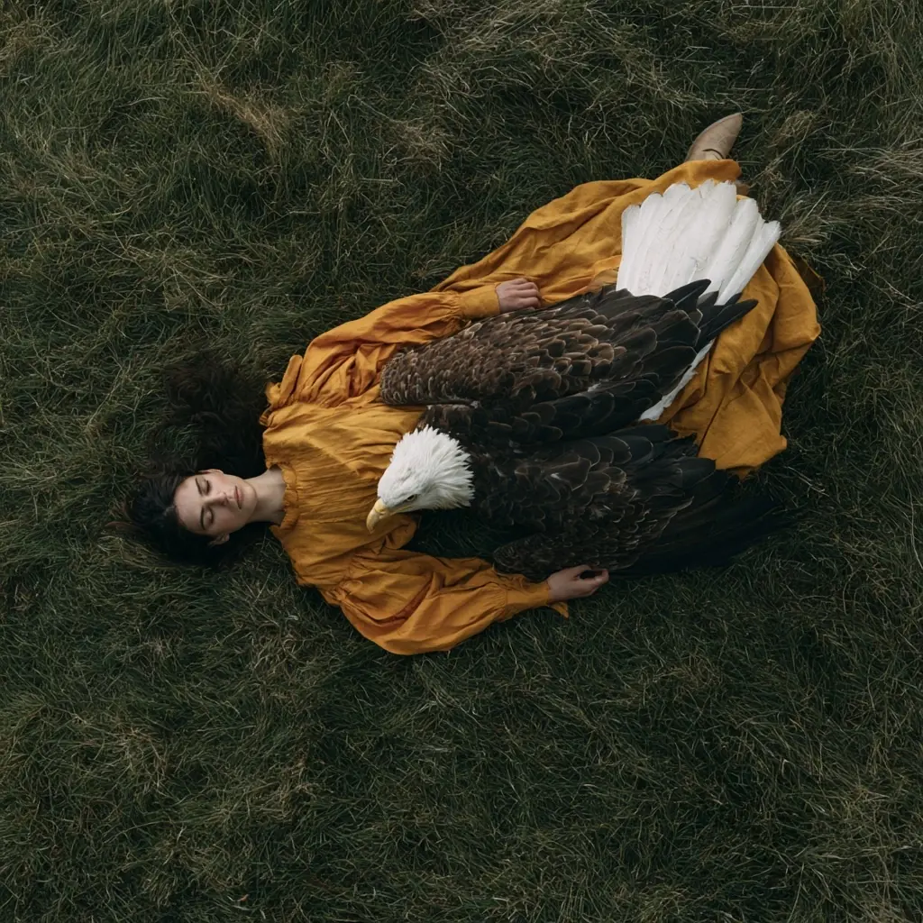 Woman Resting With Eagle Midjourney提示词