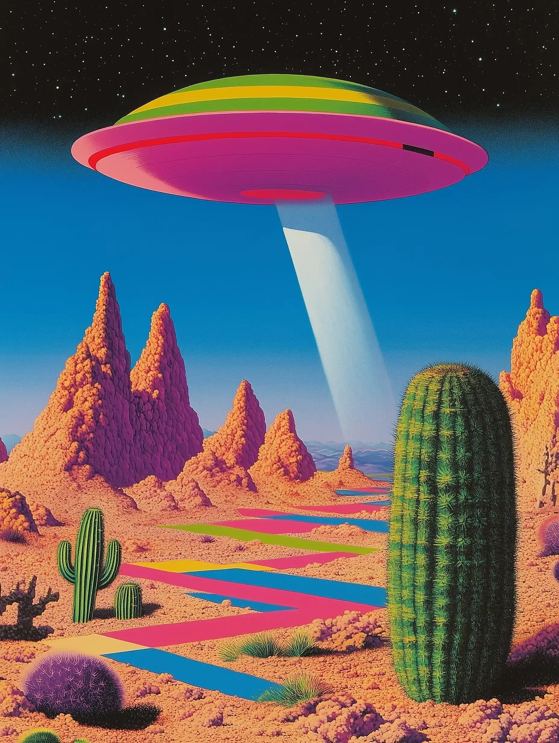 Psychedelic UFO Desert Scene Midjourney提示词