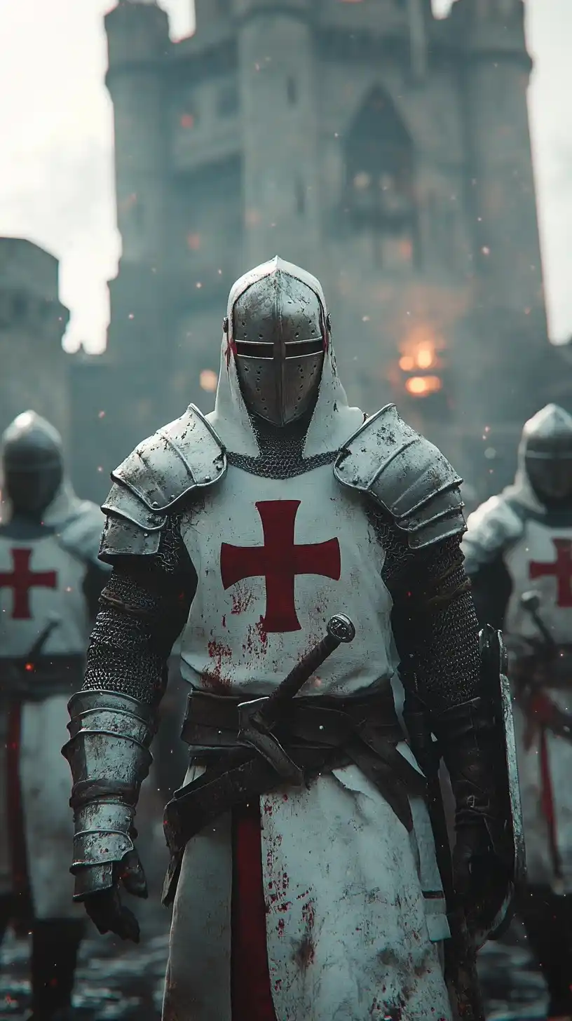 Hyperrealistic Templars in Courtyard Midjourney提示词