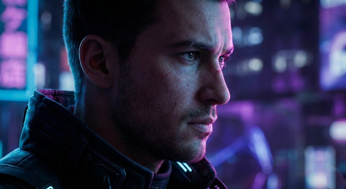 Sci-Fi Cyberpunk Male Character Portrait - Neon City Night Nano Banana提示词