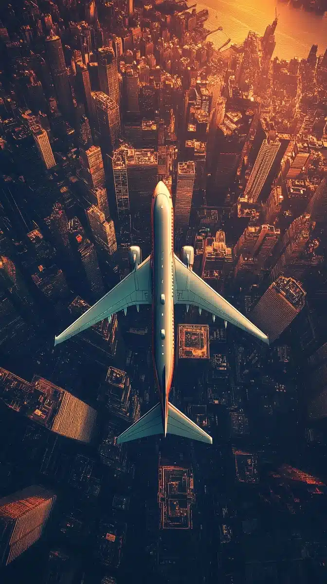 Golden Hour Plane Over City Midjourney提示词