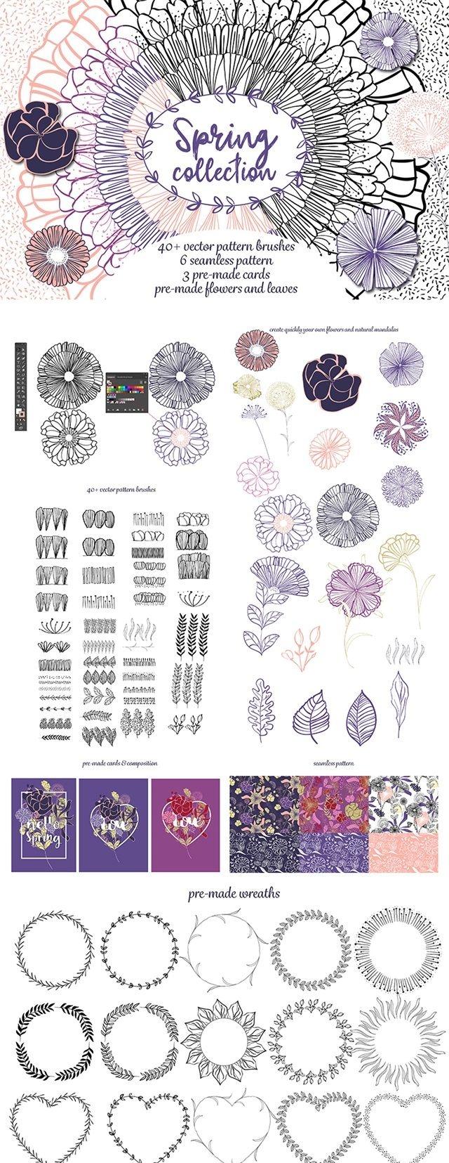 唯美手绘花朵植物底纹背景纹理素材包EPS+PNG格式