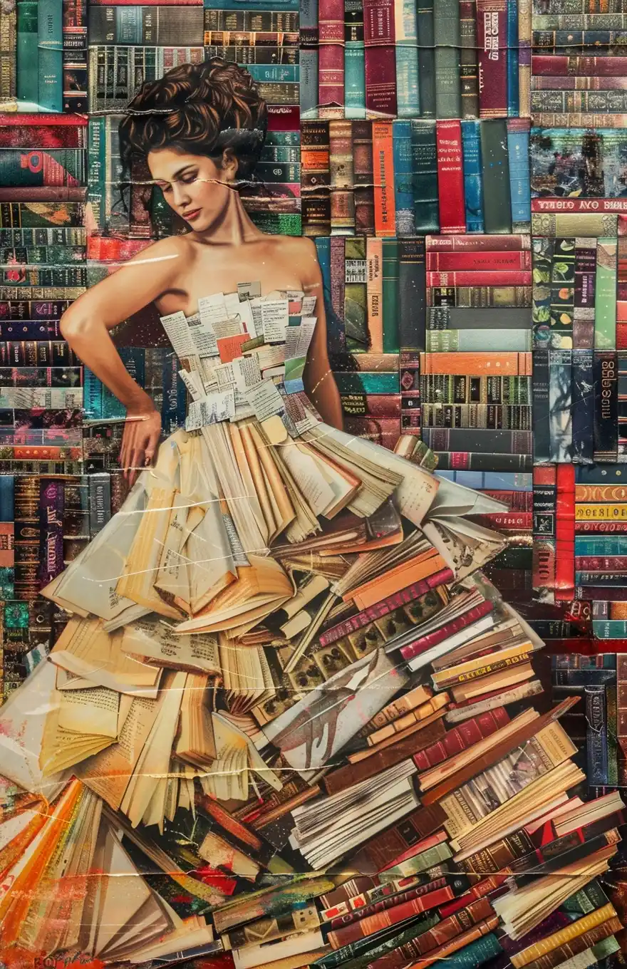 Bookish Woman Collage Portrait Midjourney提示词