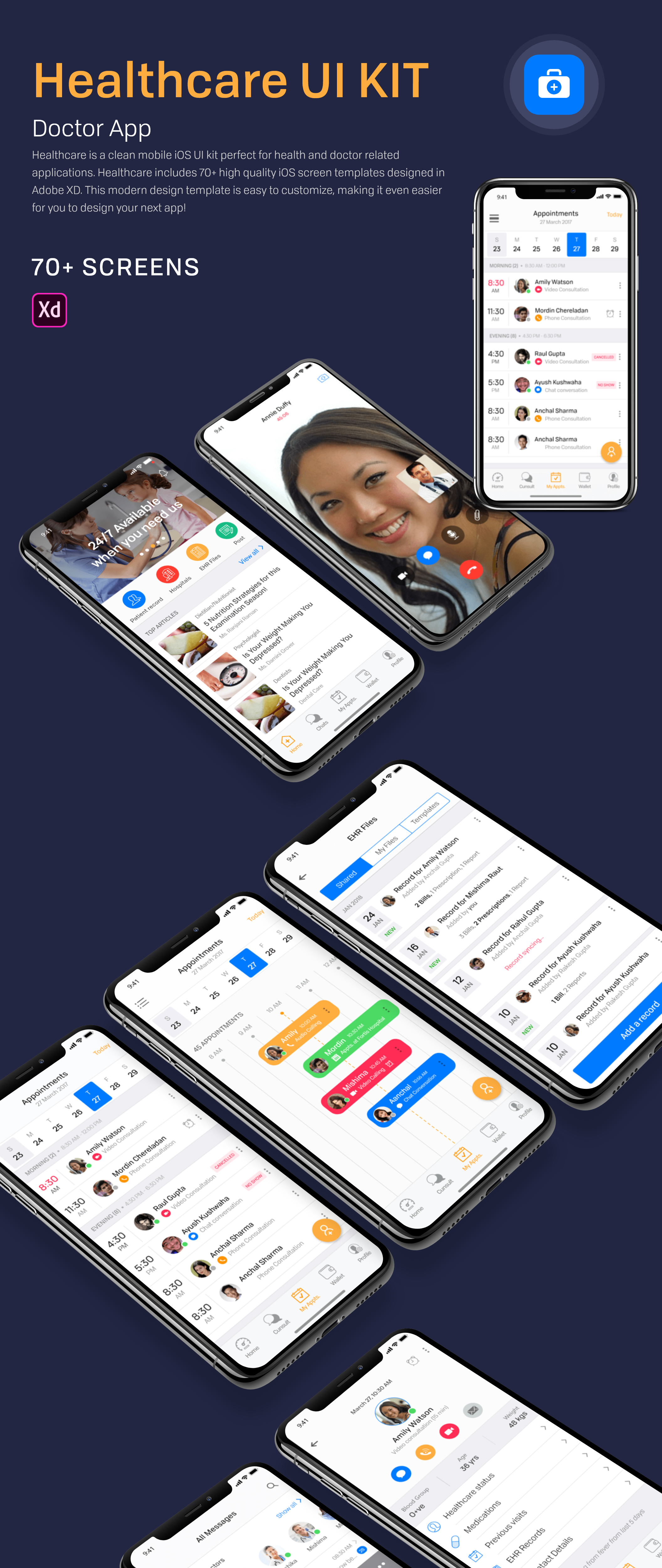 适用于Adobe XD的70+ Screen Healthcare移动iOS UI工具包，Healthcare Doctor App
