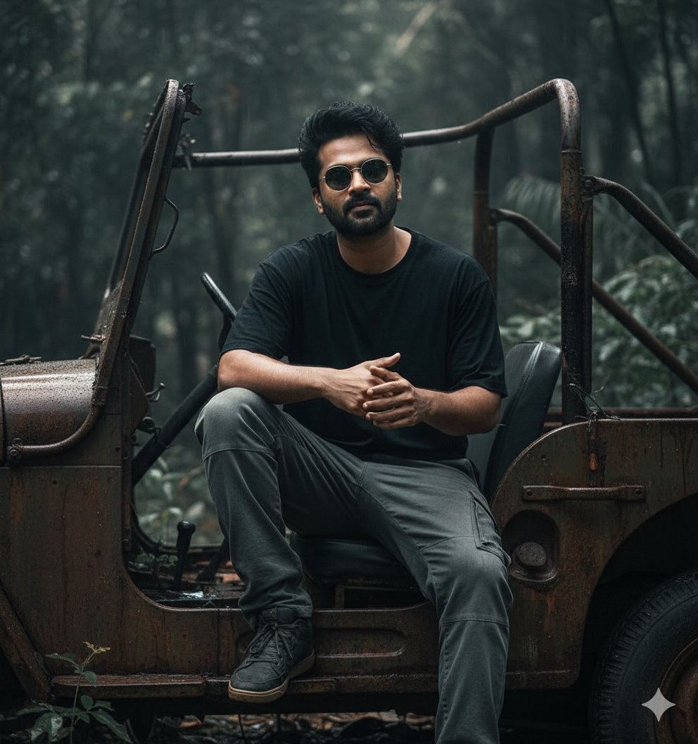 Cinematic Forest Portrait: Man on Rusty Jeep Nano Banana提示词