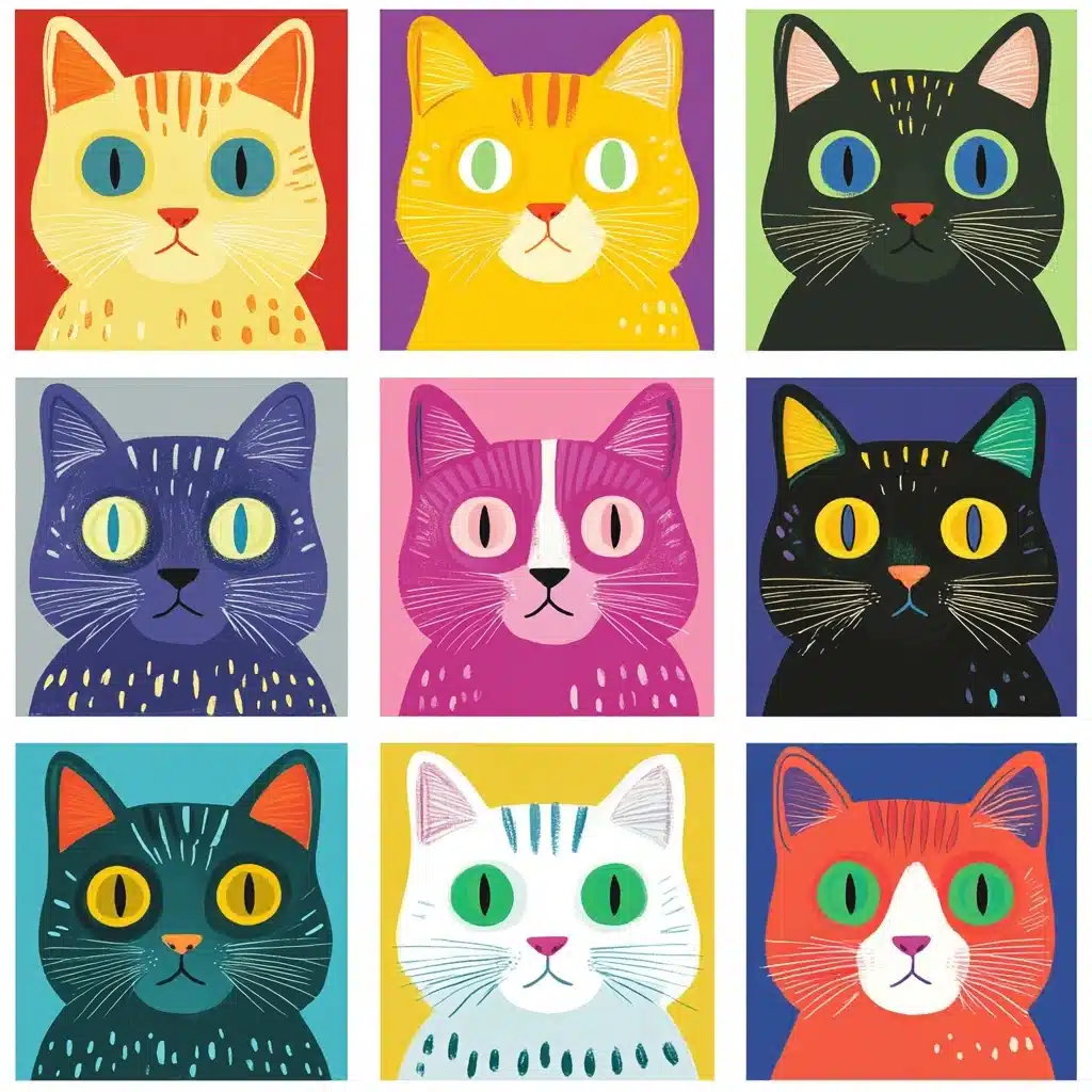 Colorful Cats Clip Art Midjourney提示词