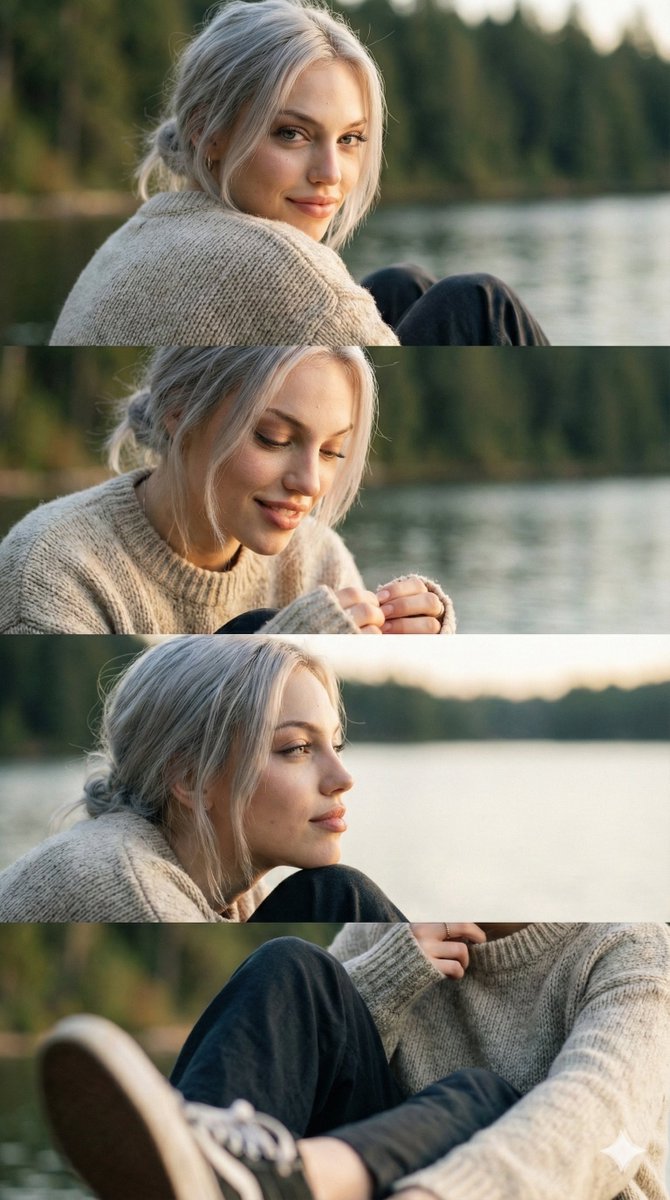 Serene Silver-Haired Woman by Lake: Outdoor Portrait Nano Banana提示词