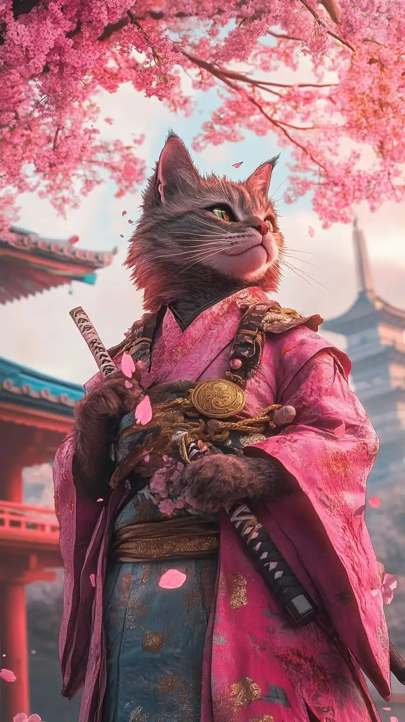Samurai Cat Under Cherry Blossoms Midjourney提示词