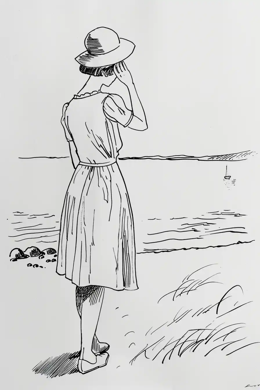 1930s Beach Girl Illustration Midjourney提示词
