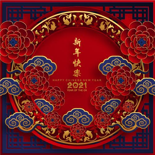 6款农历新年2021牛年立体剪纸风春节喜庆矢量海报背景EPS模板素材