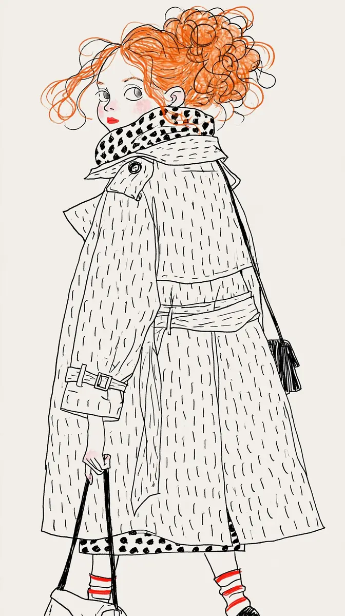 Illustrated Woman in Trenchcoat Midjourney提示词