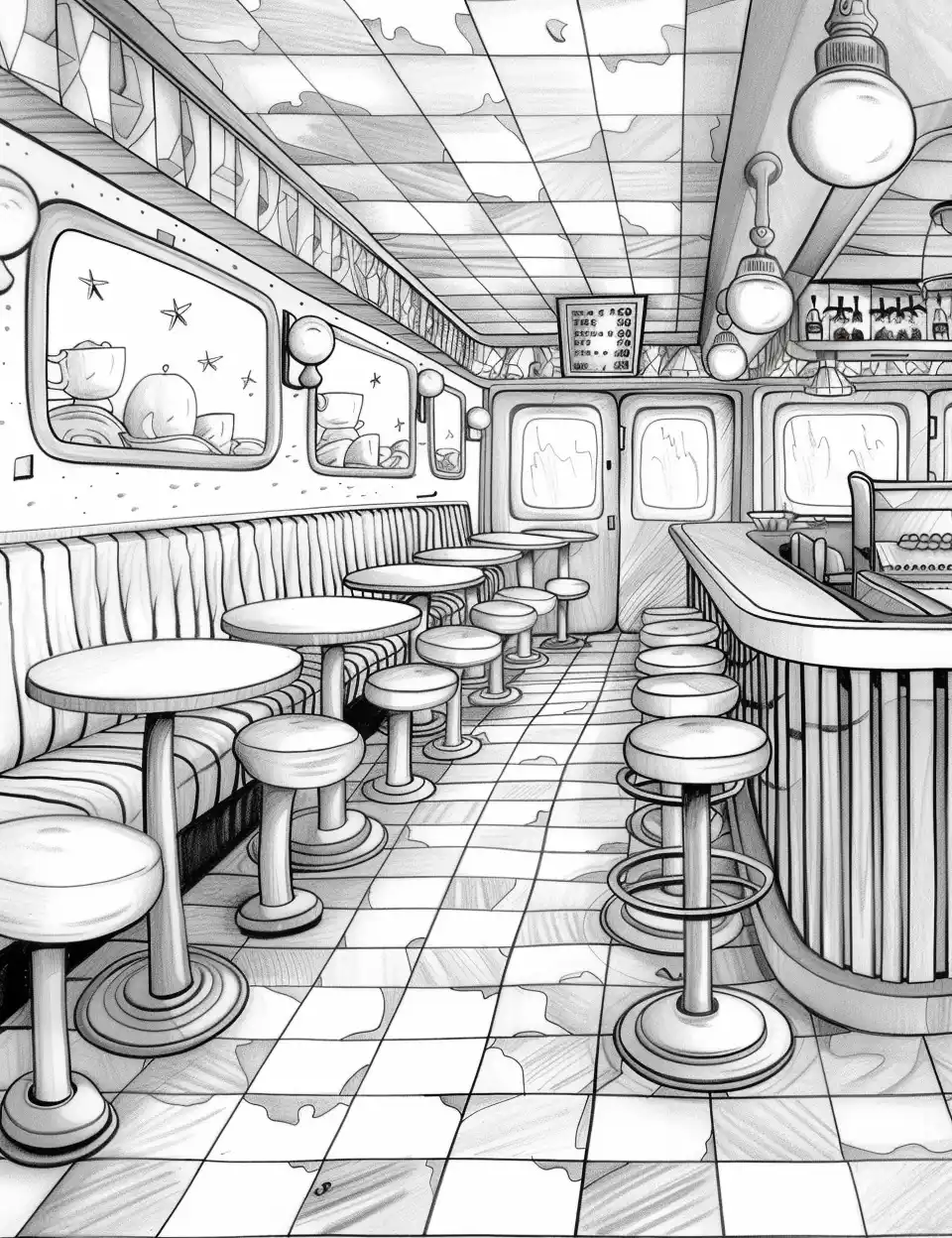 Retro Diner Coloring Page Midjourney提示词