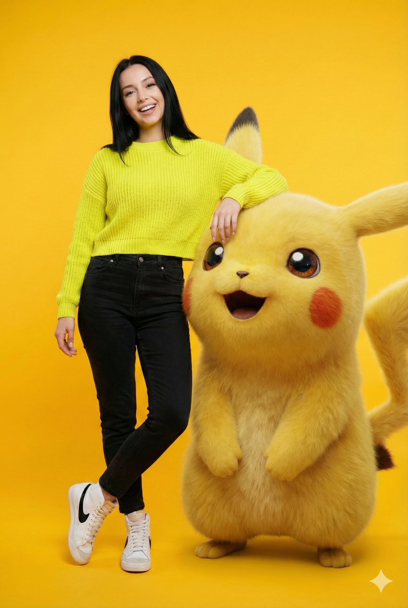 Cheerful Woman Posing with Pikachu - Pokémon Studio Photo Nano Banana提示词