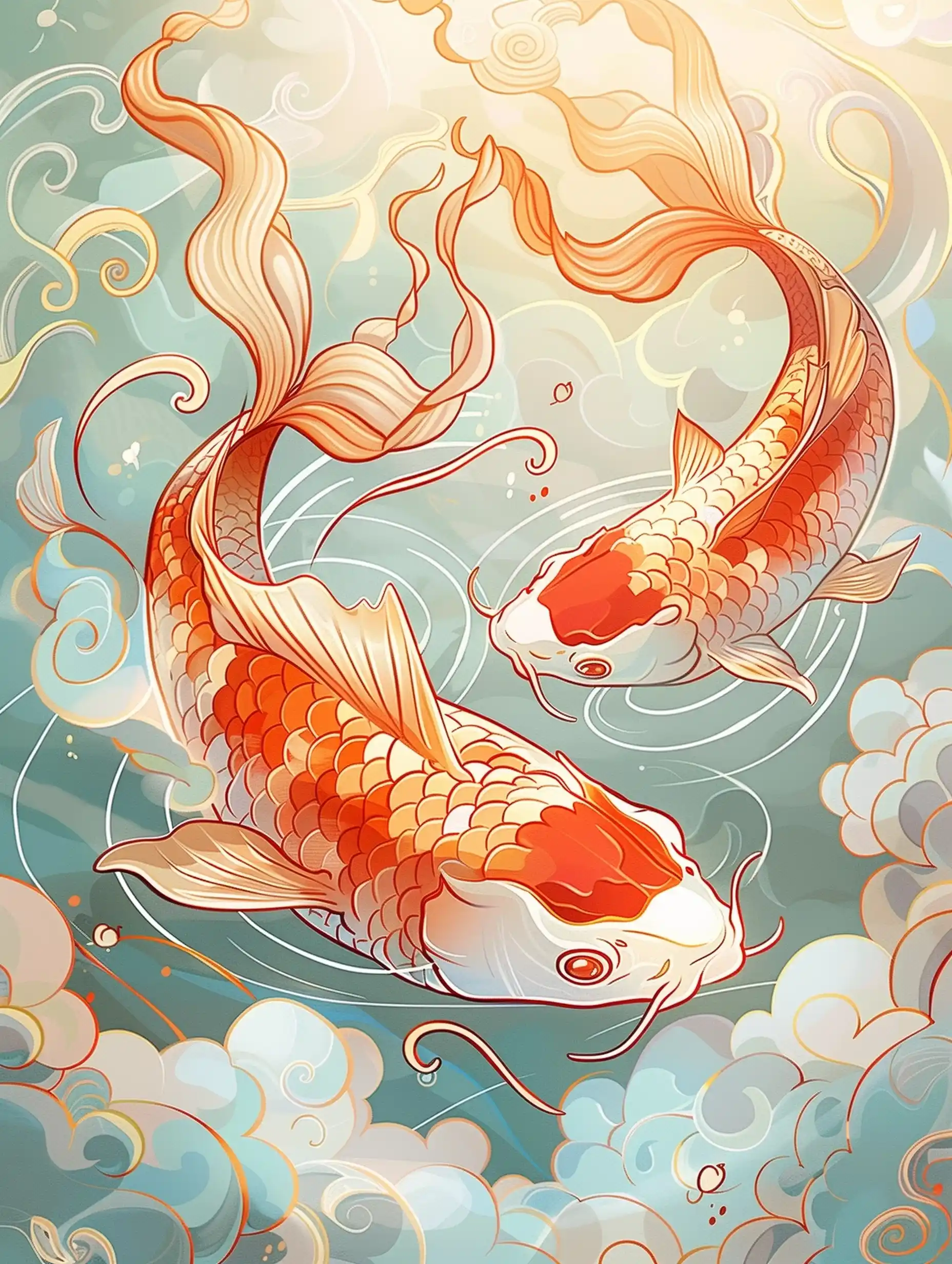 Chinese Koi Pond Art Midjourney提示词