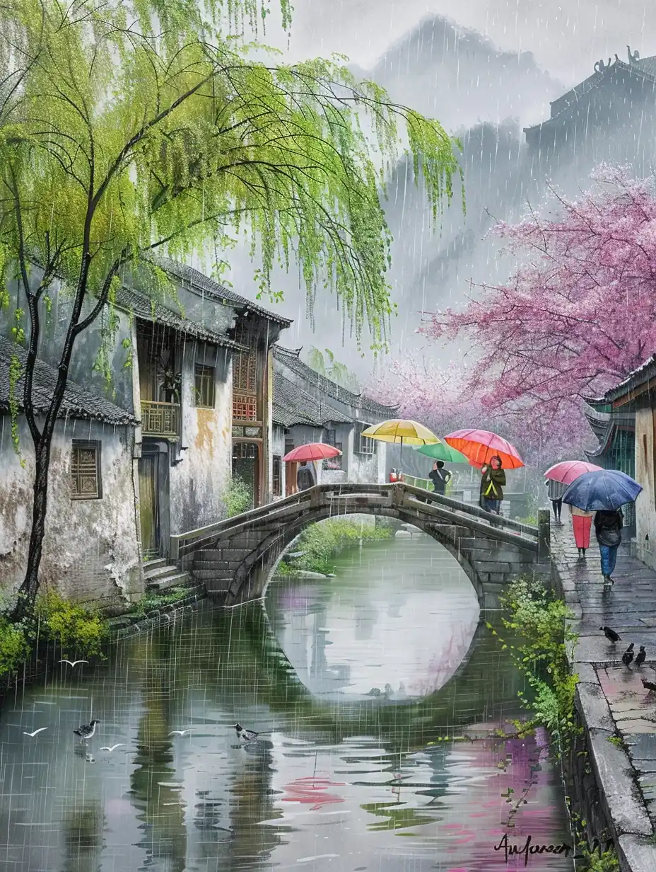 Huizhou Spring Rain Landscape Midjourney提示词