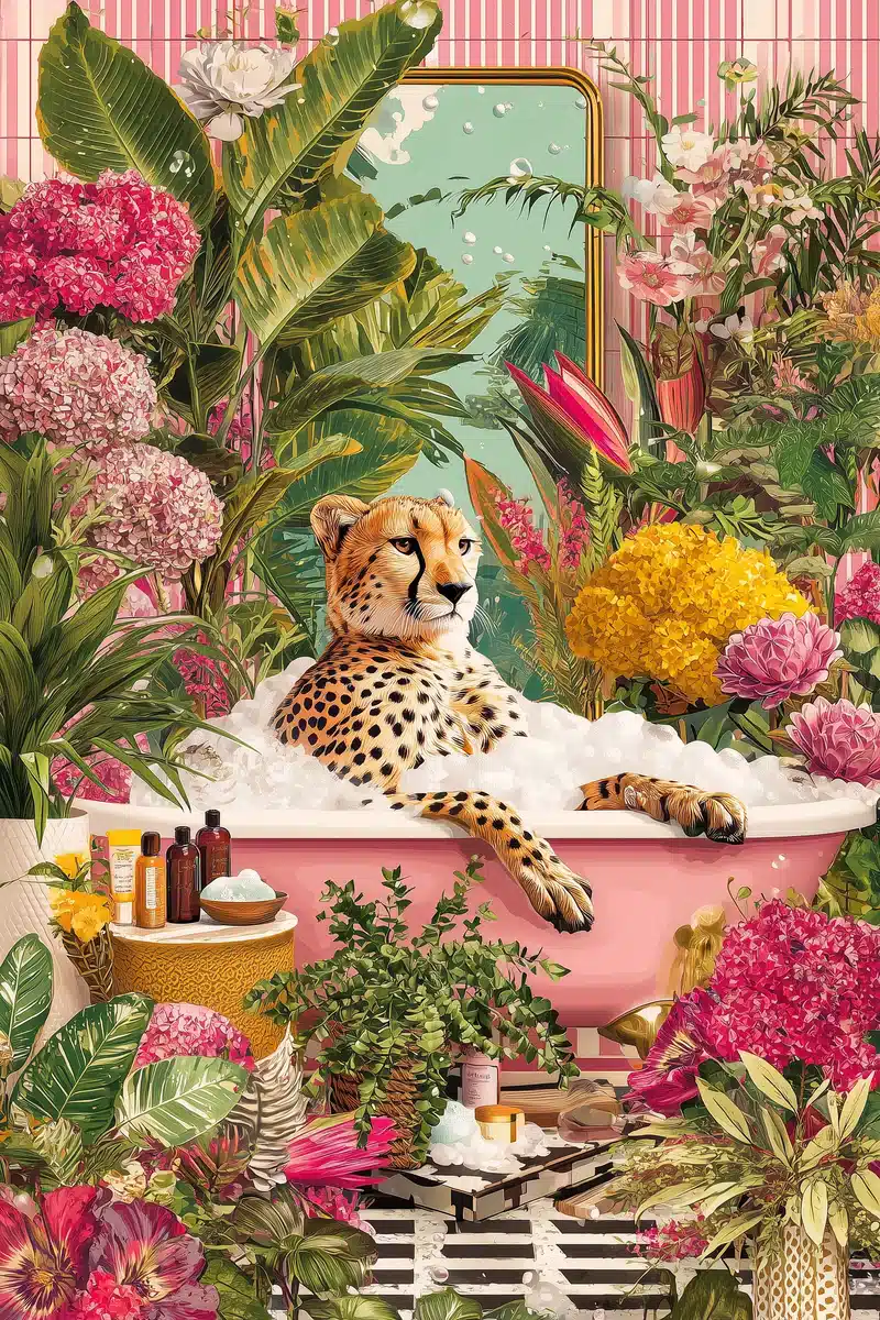 Cheetah Bathtub Jungle Illustration Midjourney提示词