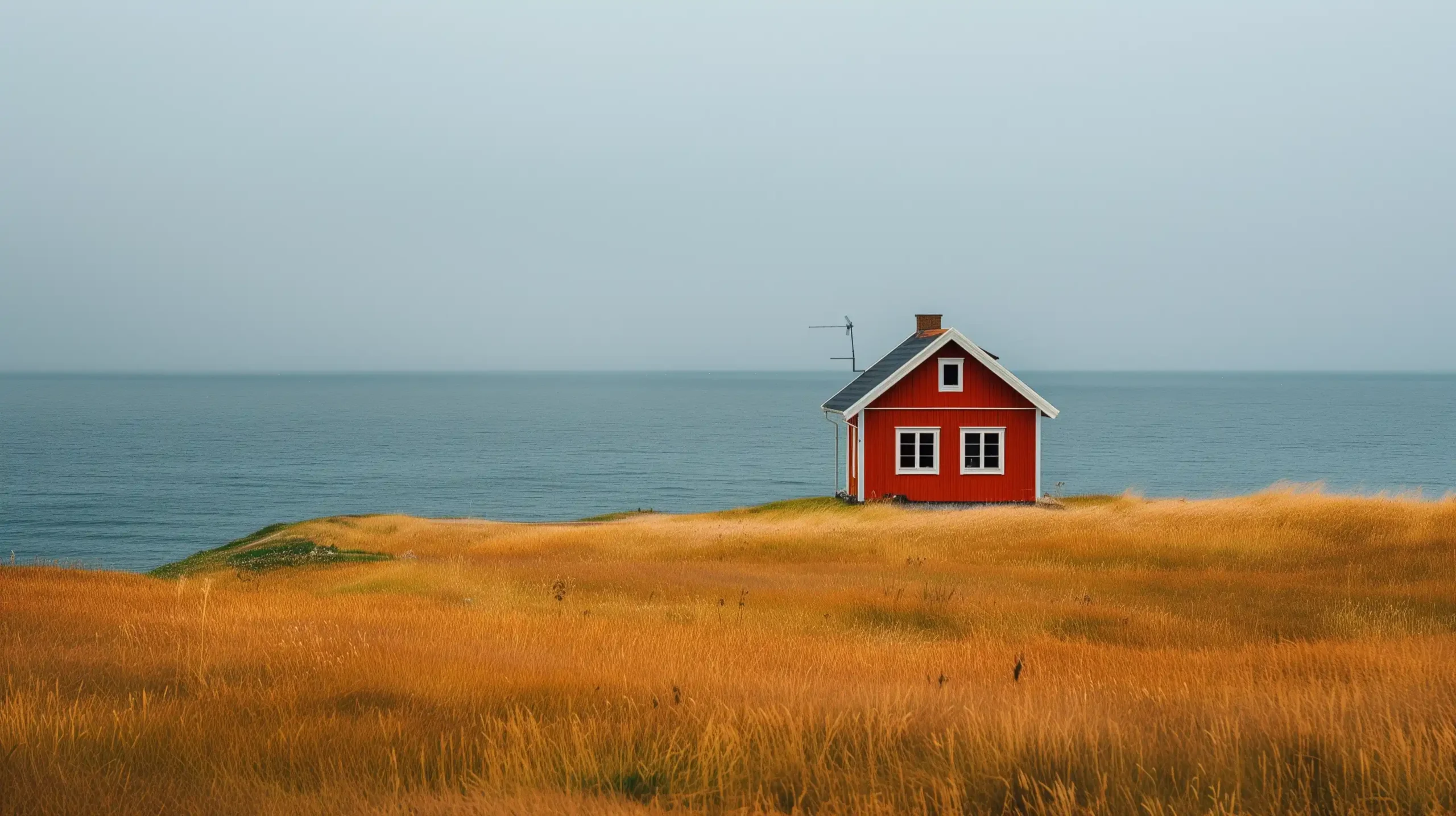 Minimal Red House by the Ocean Midjourney提示词