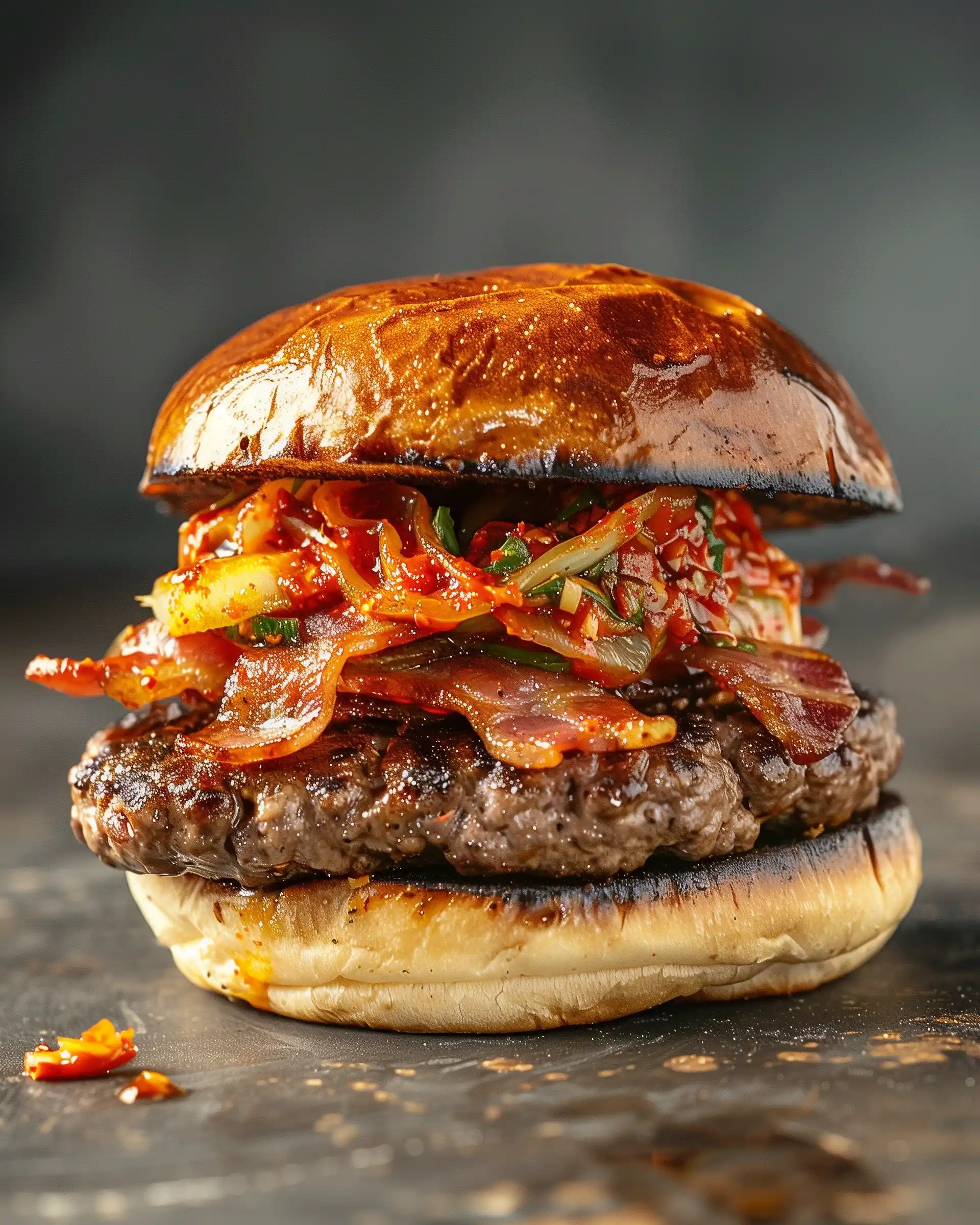 Bacon-Kimchi Burger Display Midjourney提示词