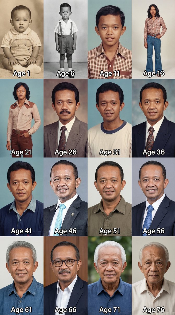 Man's Life Progression: Age 1 to 76 Photorealistic Portraits Nano Banana提示词