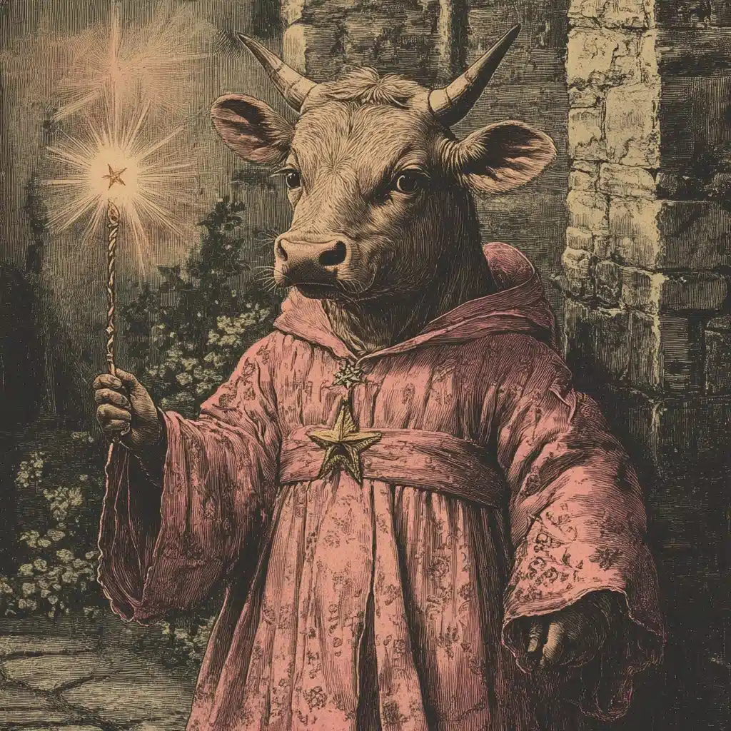 Vintage Woodcut Cow Wizard Midjourney提示词
