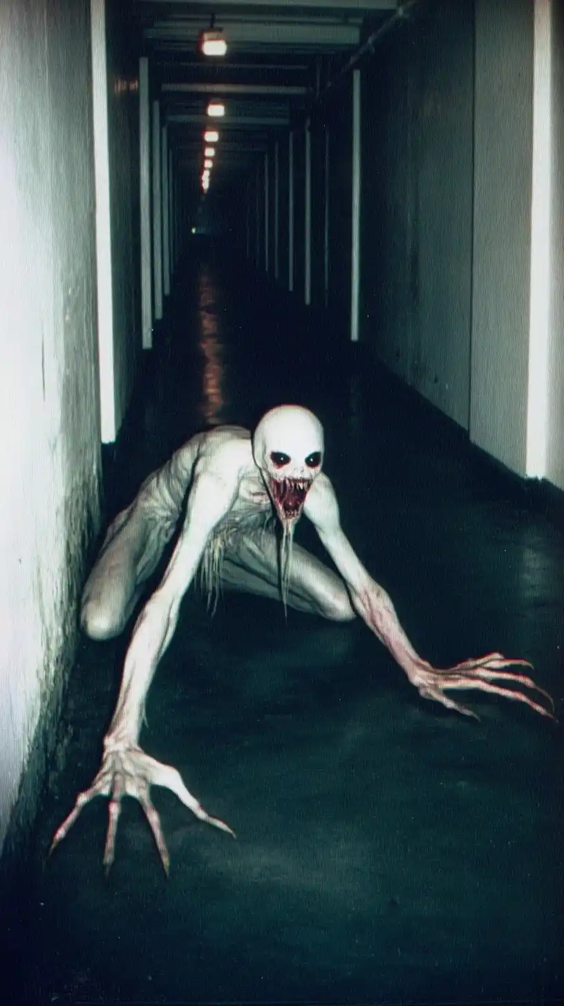 Grotesque Creature in Hallway Midjourney提示词